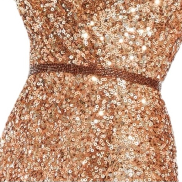 Mac Duggal Copper Sequined Wrap Over 18 Butterfly Sleeve Draped Gown Formal - Picture 5 of 12